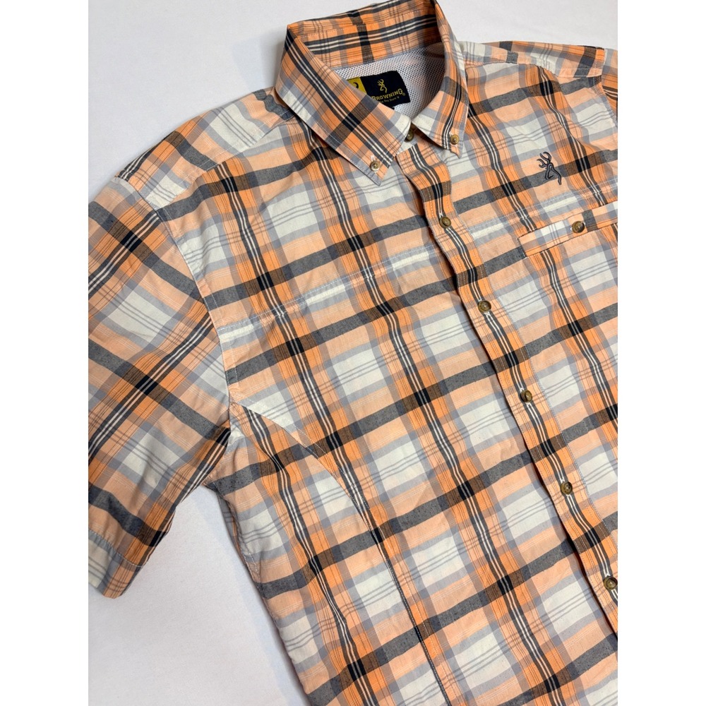 Browning Mens Plaid Short Sleeve Button Down Shirt Orange Charcoal BR14027 L